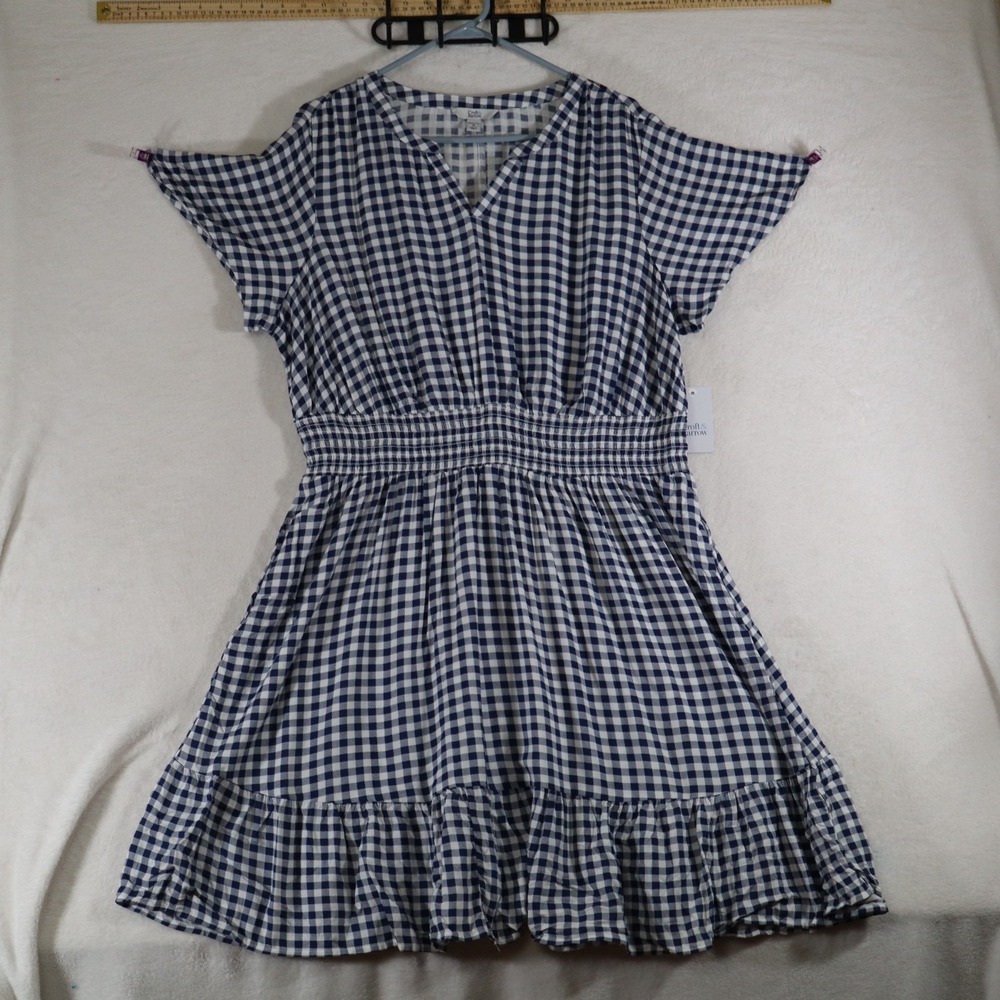 NWT Croft & Barrow Womens 1X Navy Gingham Check Dress Tiered Ruffle Hem